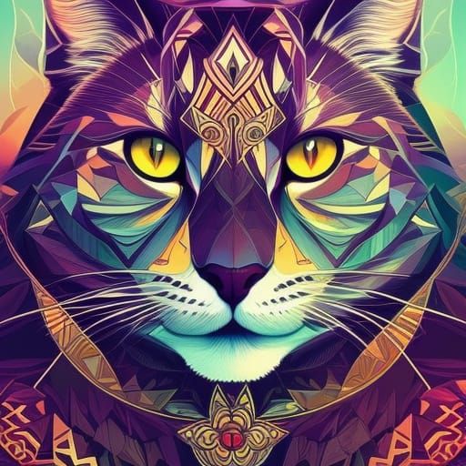 Majestic Cat Portrait in Geometric Fractal Art