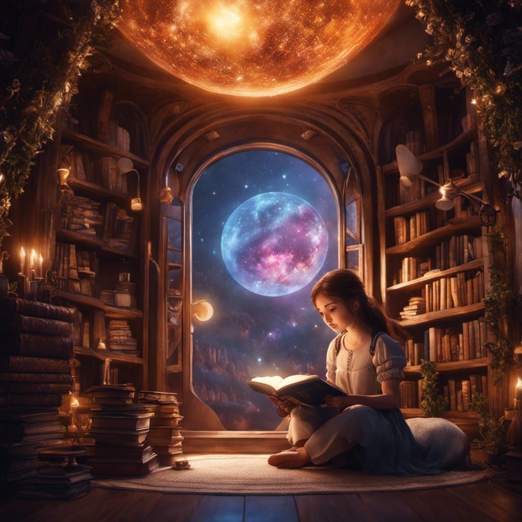 Girl Reading in a Universe of Imagination