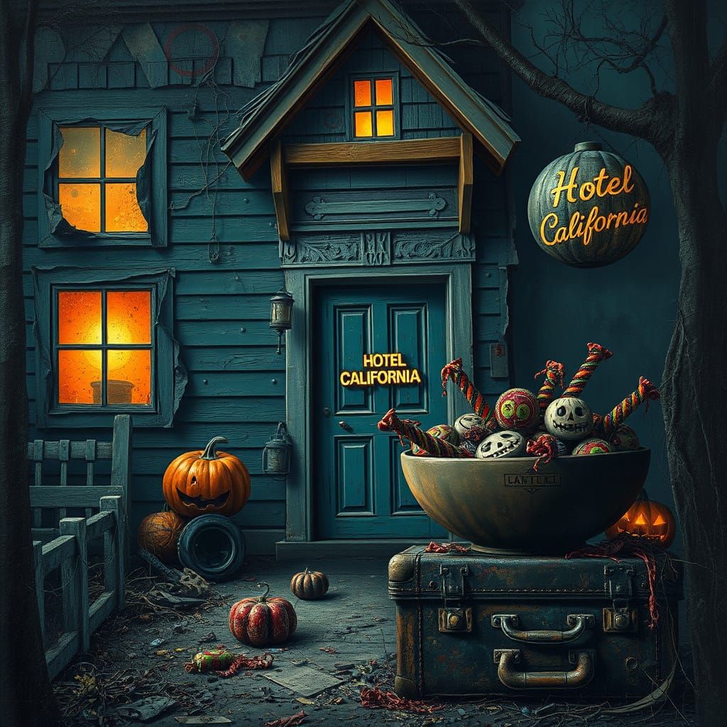 Eerie Halloween Hotel California Entrance with Sinister Cand...