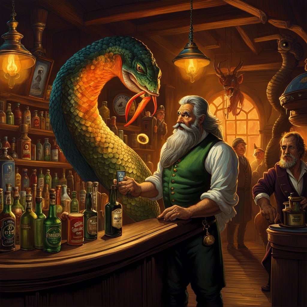 Surreal Bar Scene with Cobra, Goldfish, and Leprechaun