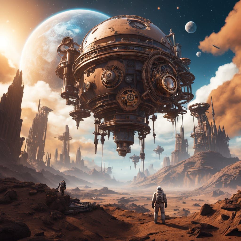 Astronaut on Steampunk Planet Gazing at Clockwork Nebula