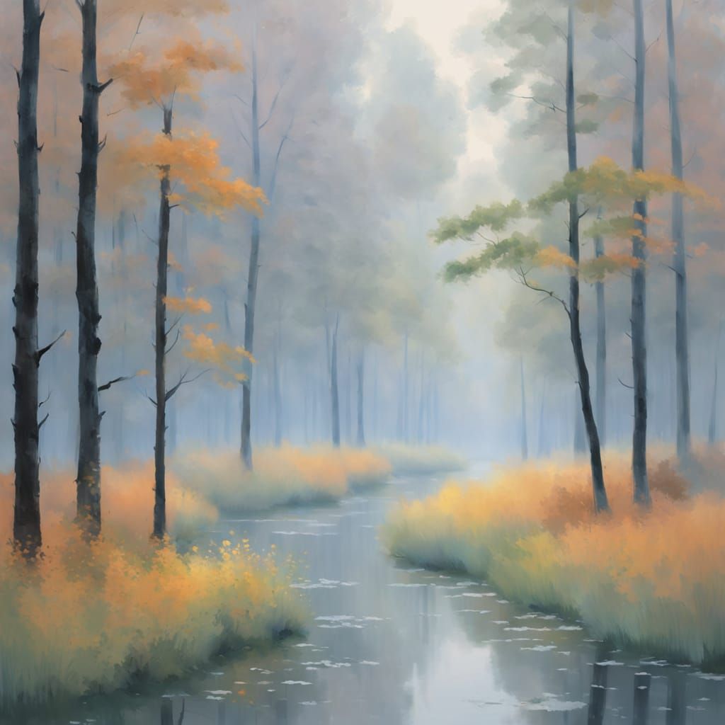 Impressionist Misty Forest in Watercolor Style