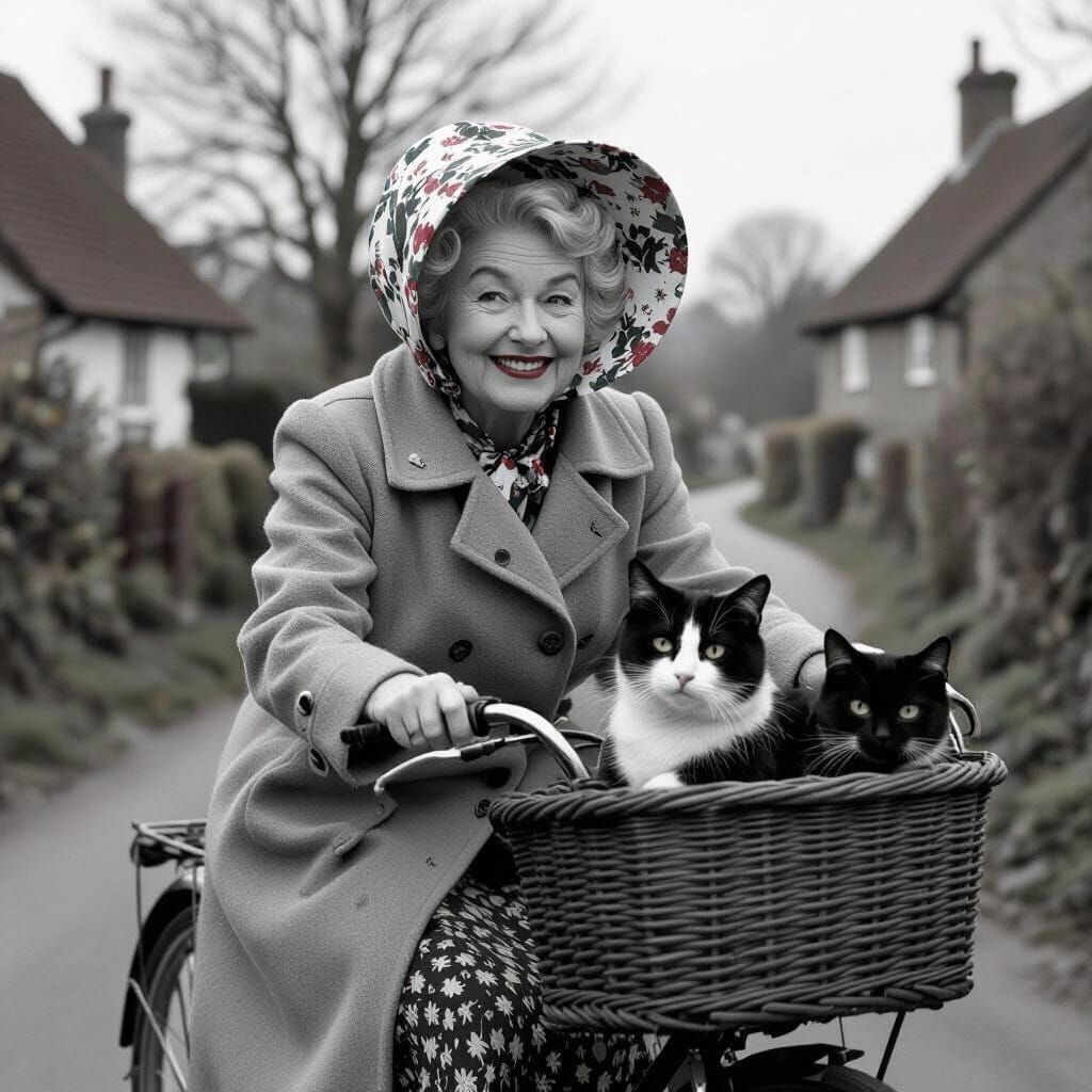 Elder Lady Cycling with Cat in Folk Art Style