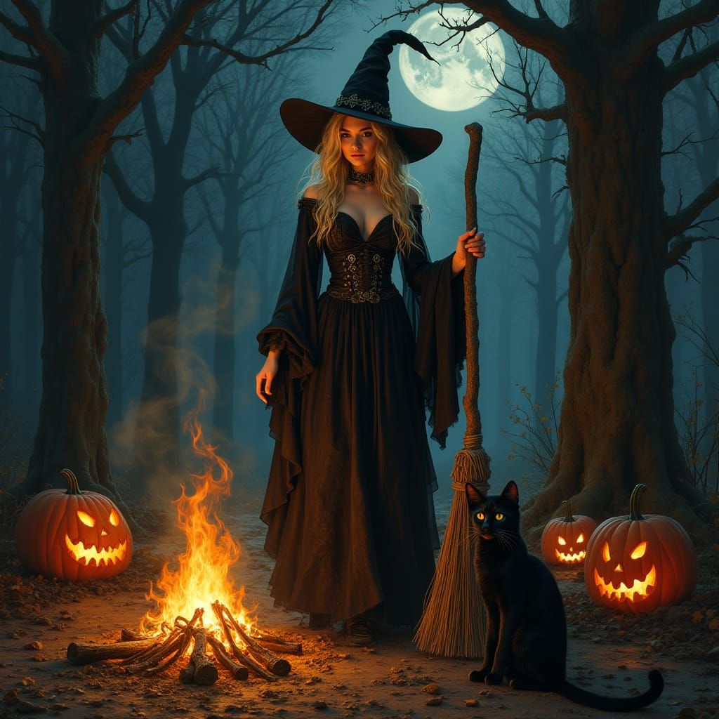 Blonde Witch with Cat and Jack O'Lanterns by Bonfire