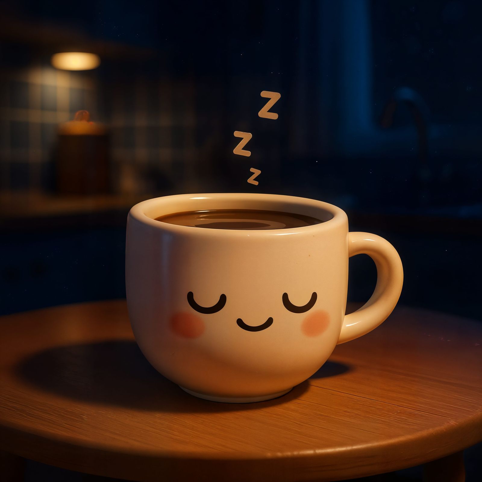 Adorable Cartoon Coffee Cup Sleeping at Night