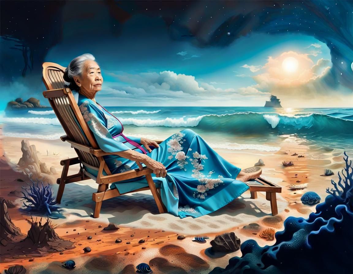 Victorian Lady on Secret Beach, Hyperrealistic Fantasy Art