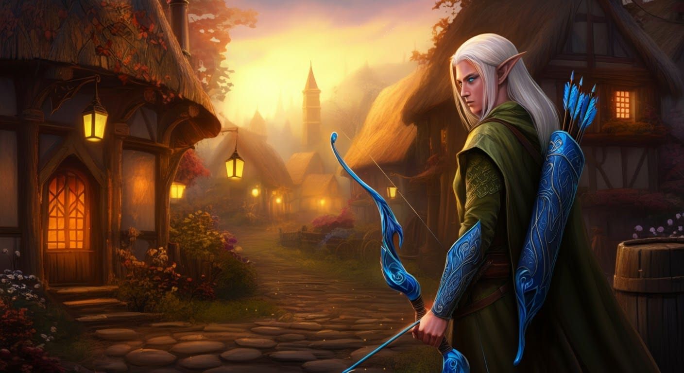 Elven Archer in Mystical Village at Golden Hour