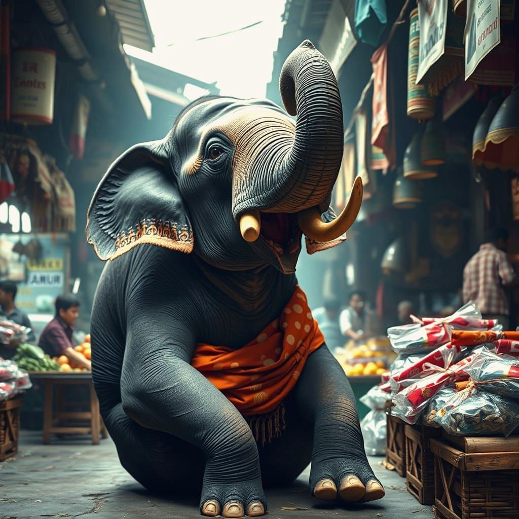 Elephant in Sarong Laughs in Market