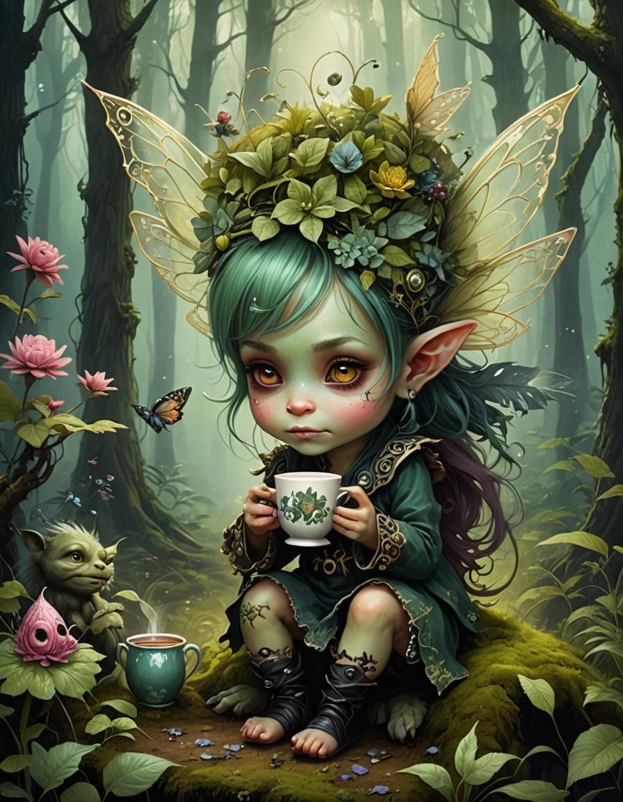 Forest fairy drinking tea