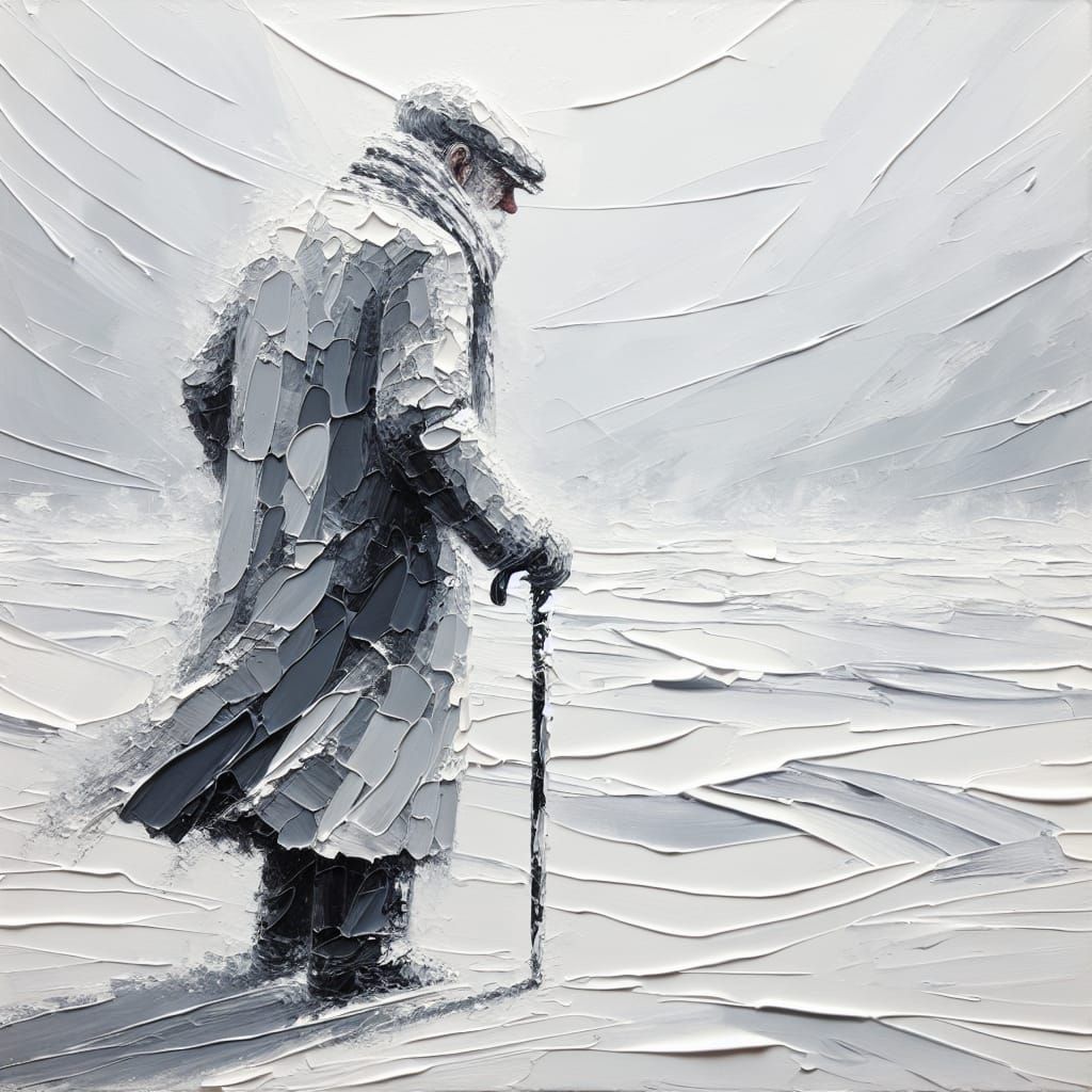 Abstract Minimalist Painting of Elderly Man in Winter