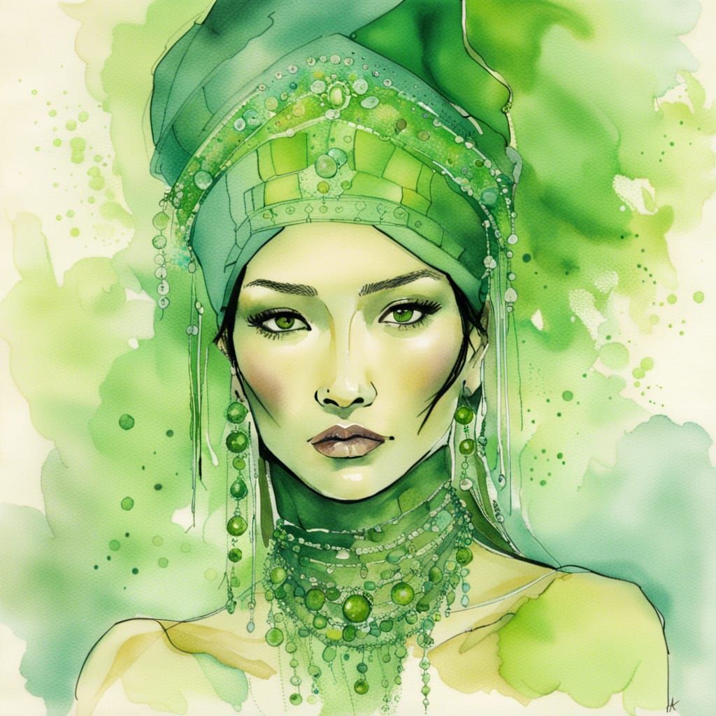 Kazakh Woman with Peridot in Watercolor Style