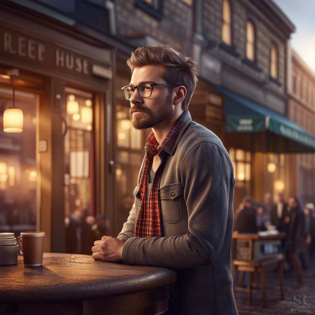 Attractive Hipster Man at Coffee House, Photorealistic