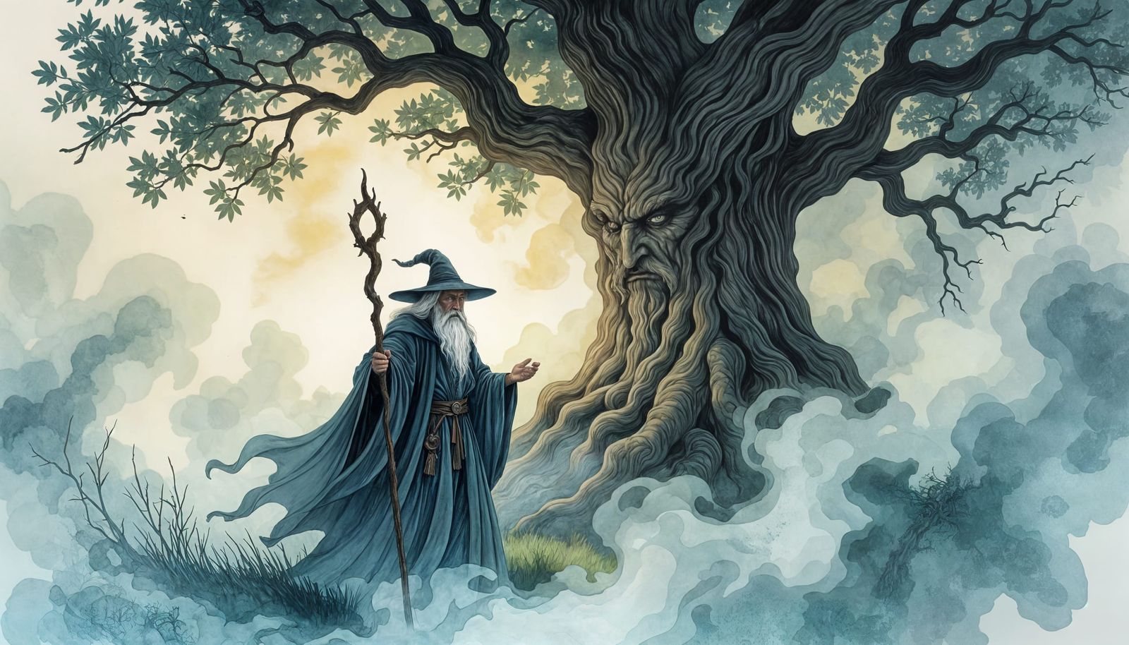 Mystical Wizard in Misty Woods, Watercolor Art