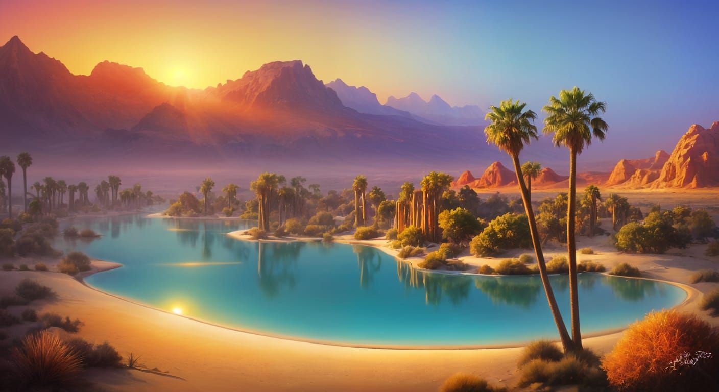 Dreamy Desert Oasis in Airbrush Art Style
