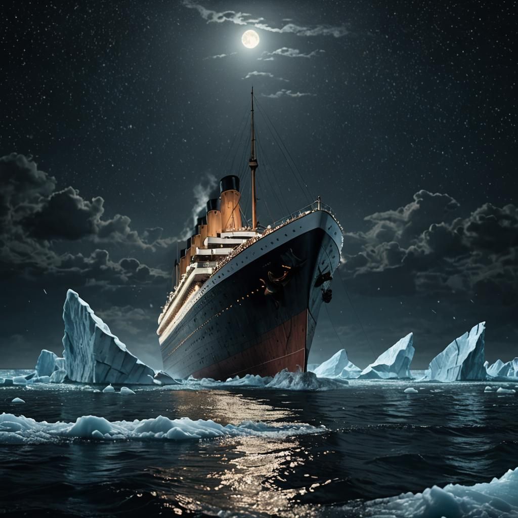 The TITANIC is sinking. Her stern is raised out of the water...