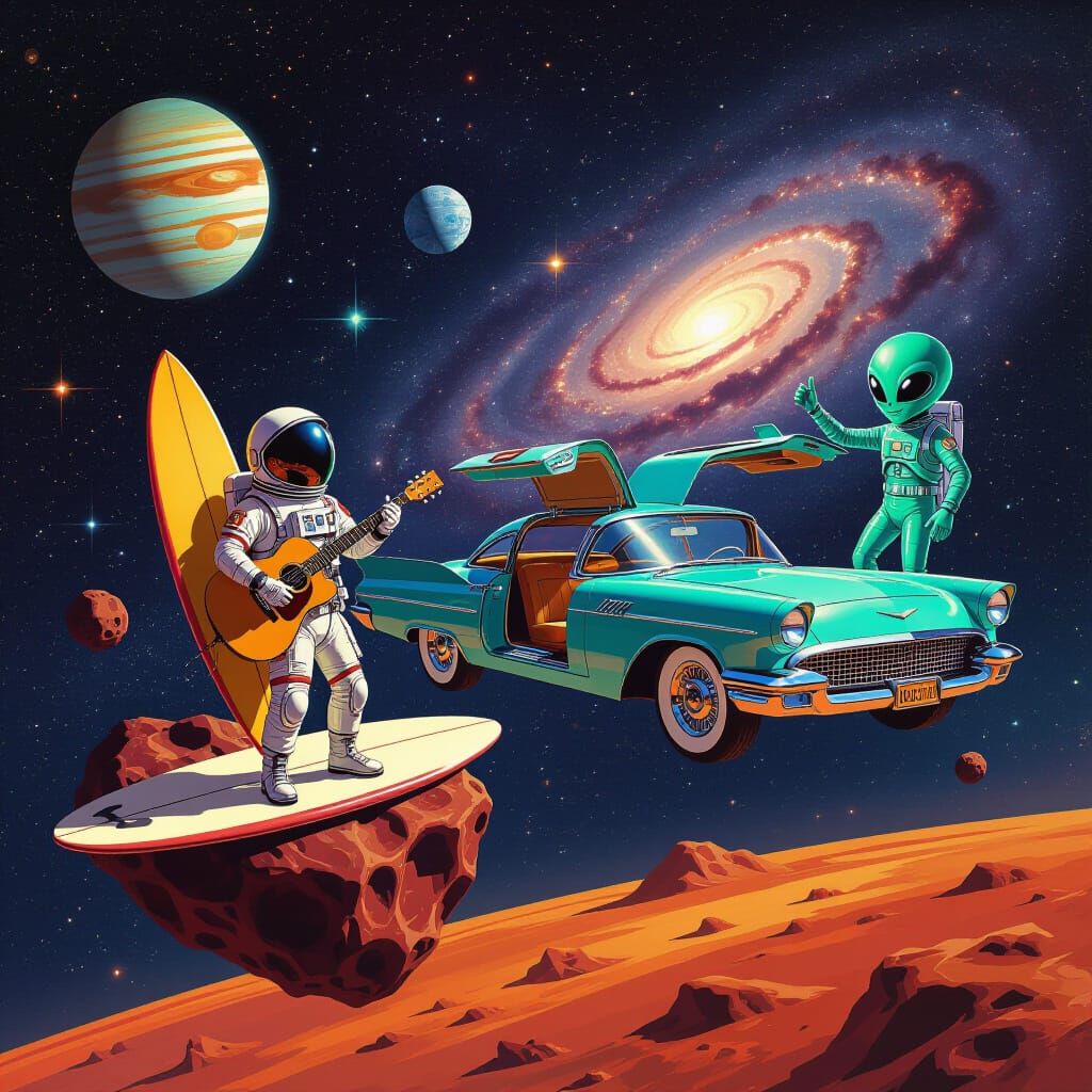 Astronaut Surfs Asteroid with Retro UFO Spaceship