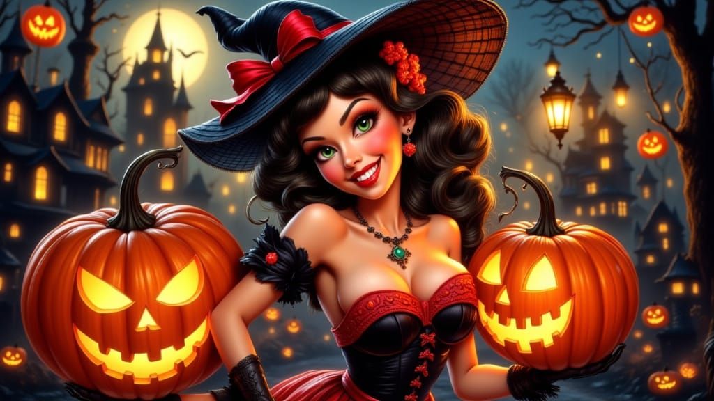 Vintage Pinup Witch Holding Jack-o'-Lantern, Illustrative St...