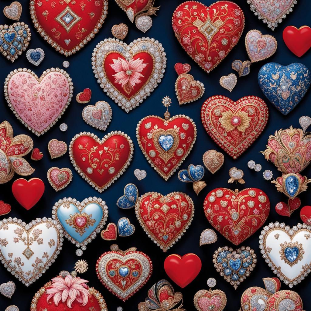 Diamond Valentine Hearts in Miniature Painting Style