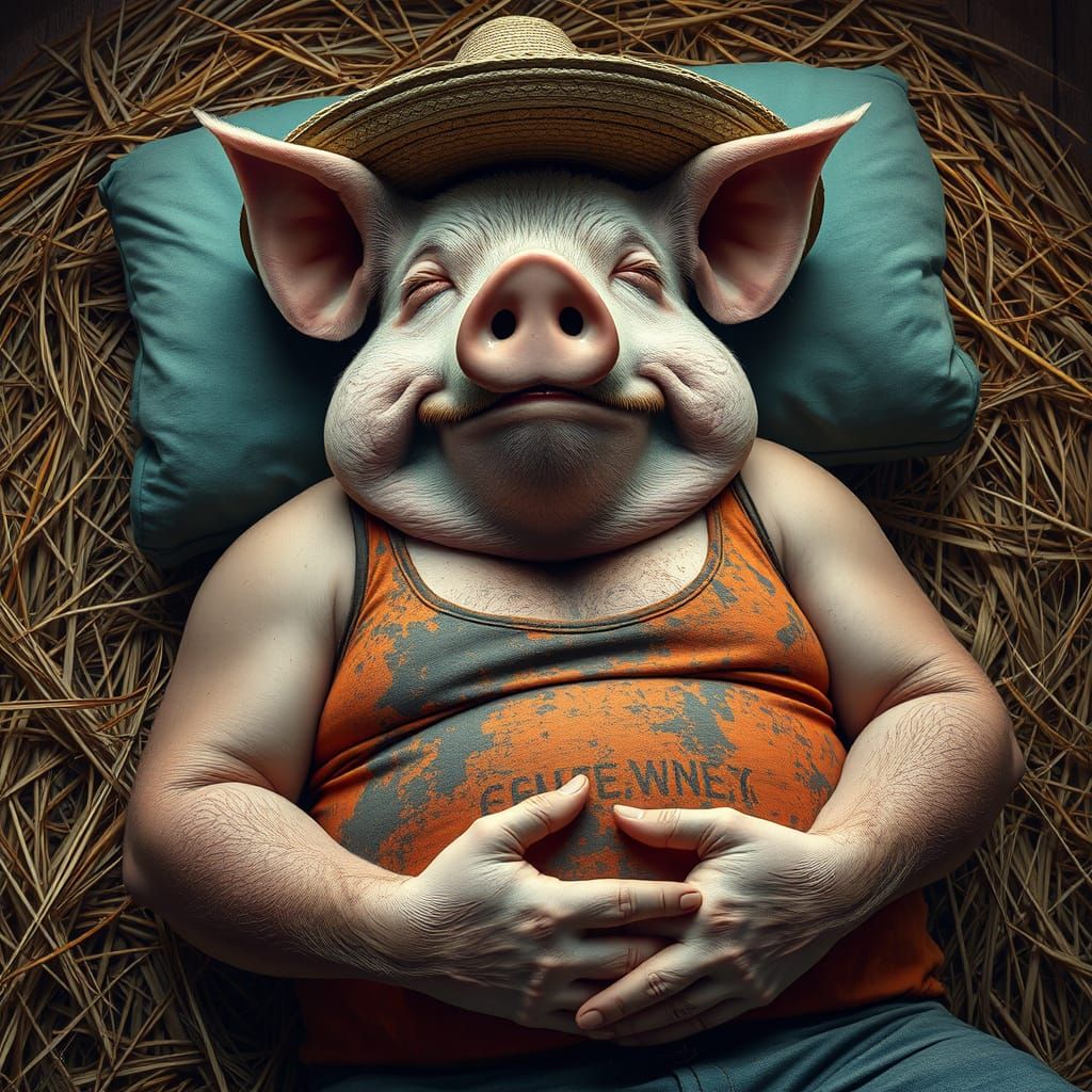 Pig-Headed Man Taking a Nap, Photorealistic Close-Up