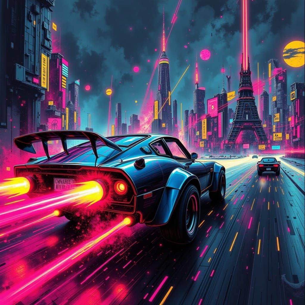 Cyberpunk Rival Car Battle in a Neon-Lit Cityscape