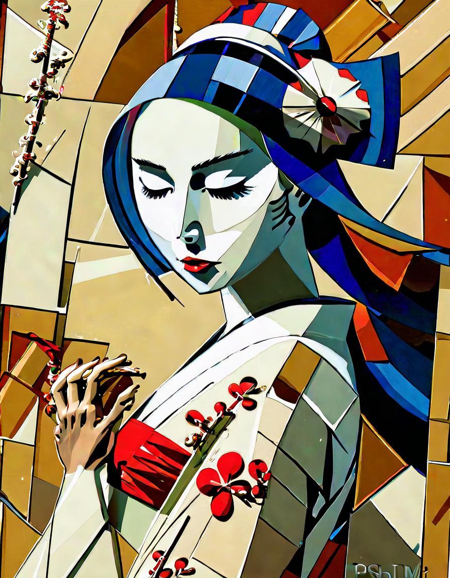 Cubist Geisha Dancing Under the Moon