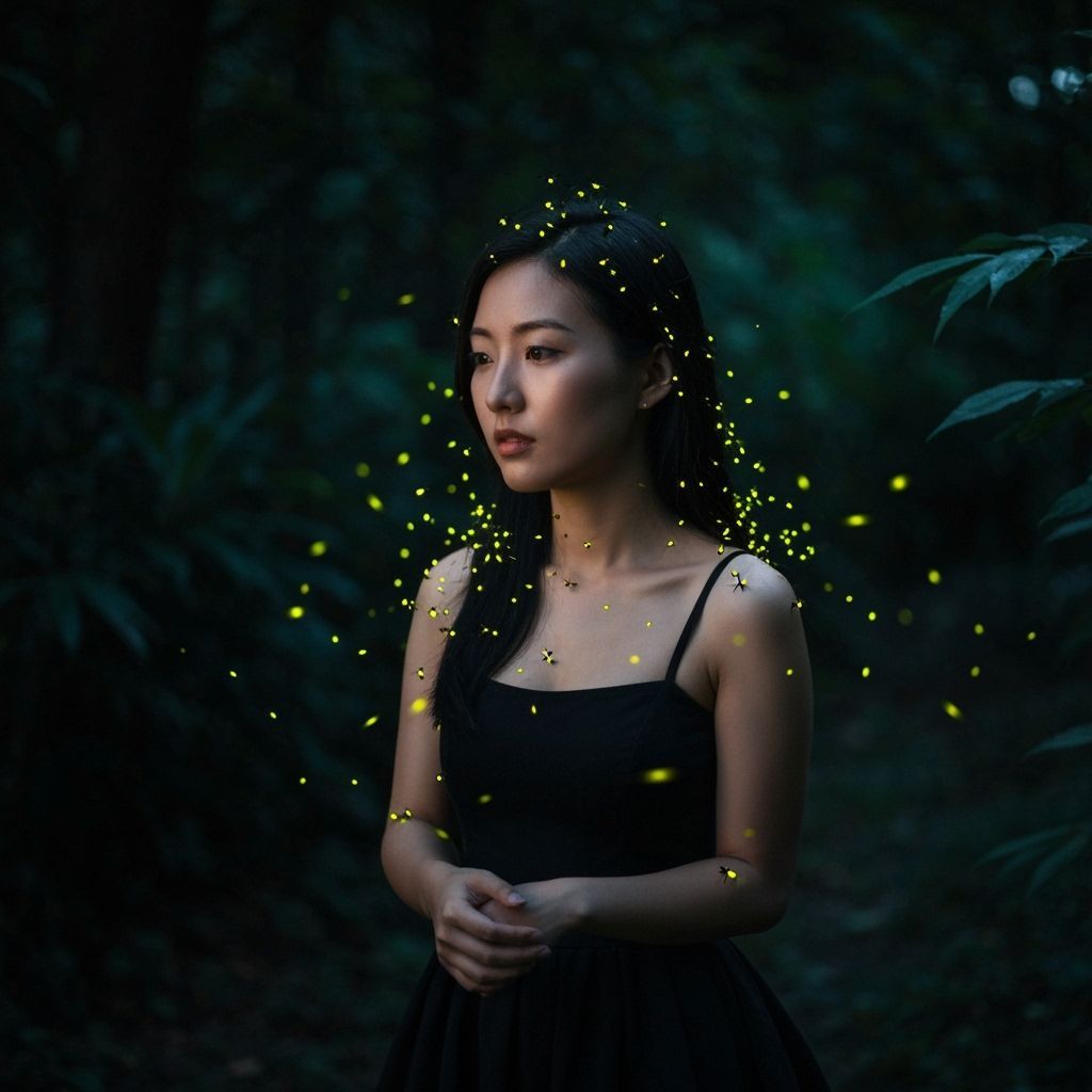 Asian Woman Illuminated by Fireflies in Surreal Night Scene