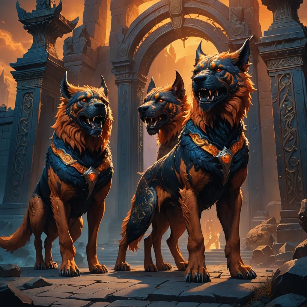 Majestic Cerberus Guards Underworld Gates in Fantasy Art