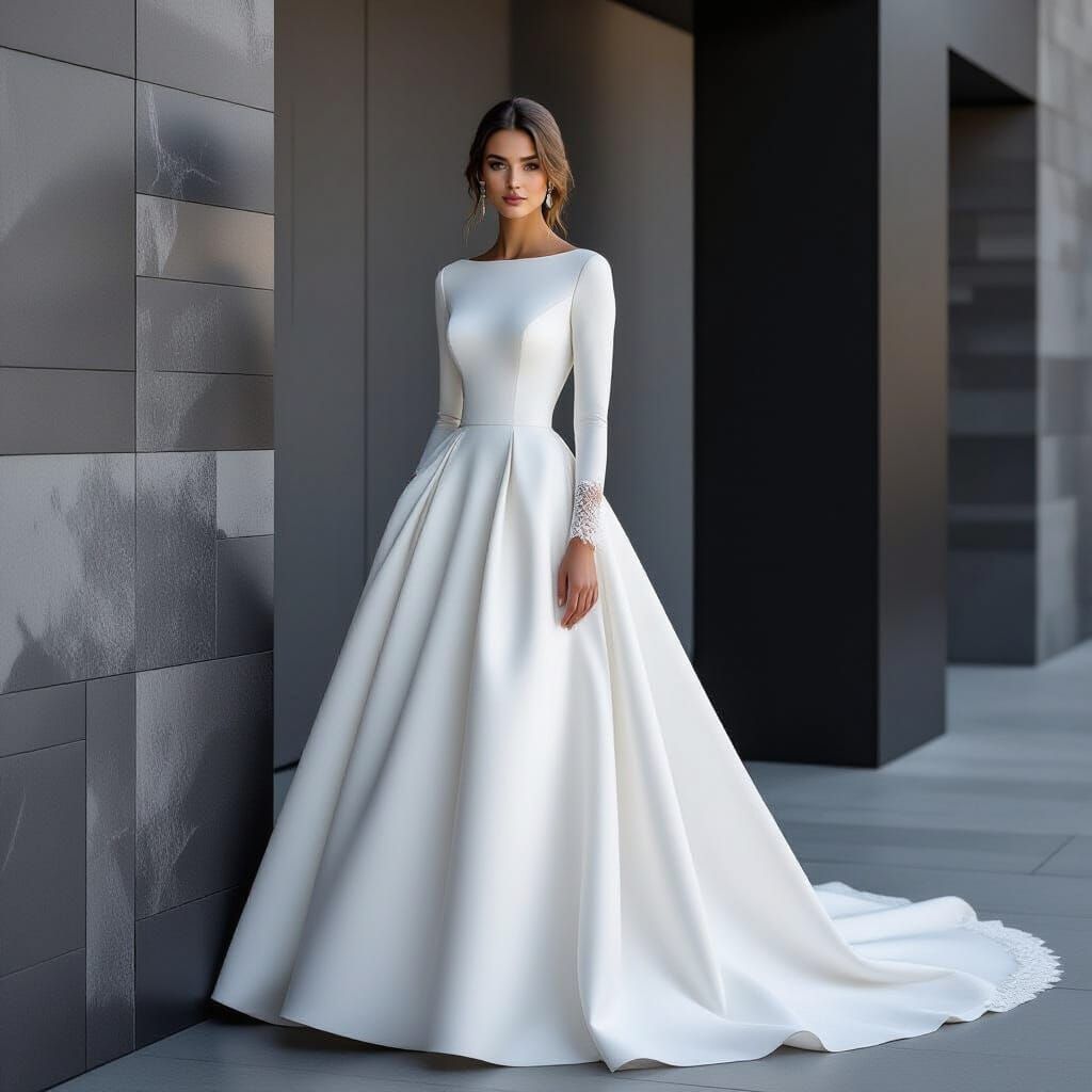 Elegant Bride in Minimalist Gown Beside Geometric Structure