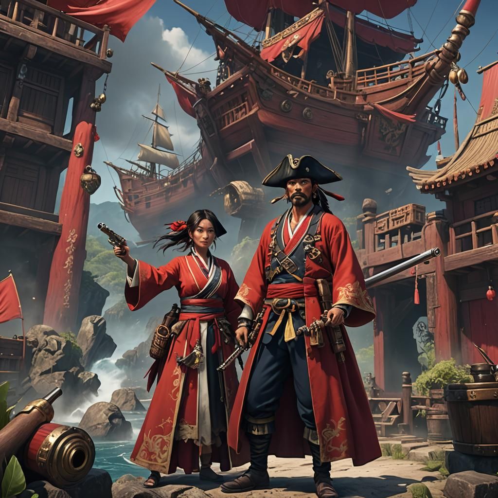 Asian Female Pirate with Spyglass, Detailed Matte Painting