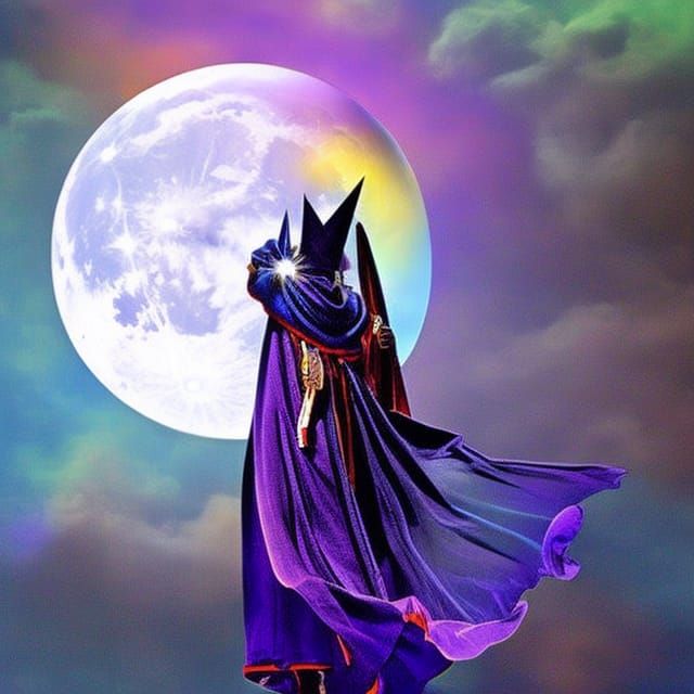 Ethereal Wizard Ghost in Colorful Moonlight