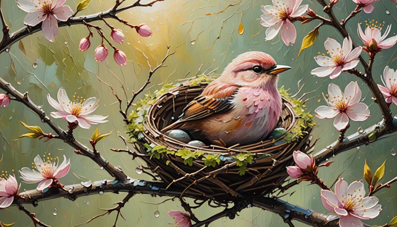 Fluffy Pink Bird in Nest Oil Painting