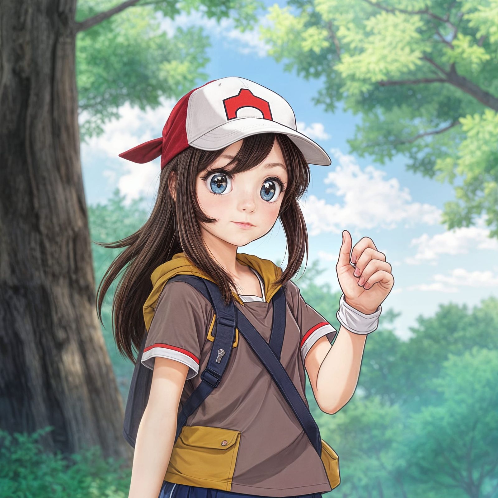 Young Anime Pokemon Trainer Girl with Dark Hair and Blue Eye...