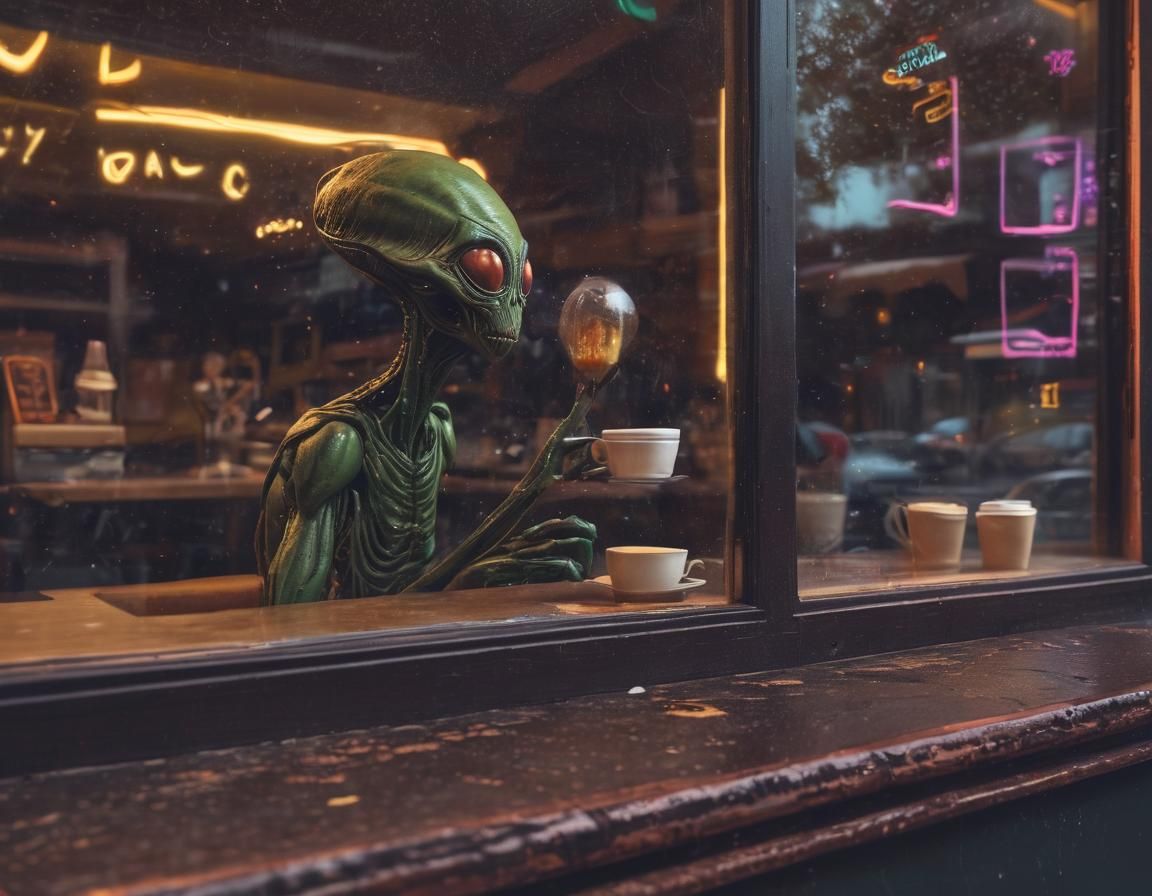 Alien Peeks Into Coffee Shop: Whimsical Digital Art