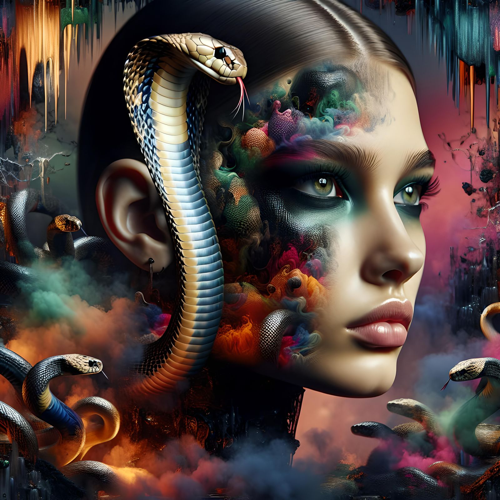 Elegant Woman and Cobra in Hyperrealistic Digital Art