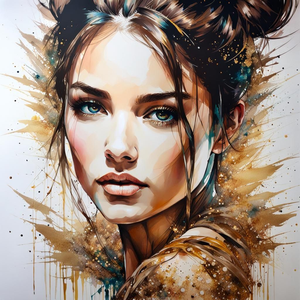 Beautiful Brunette Portrait in Alcohol Ink Style
