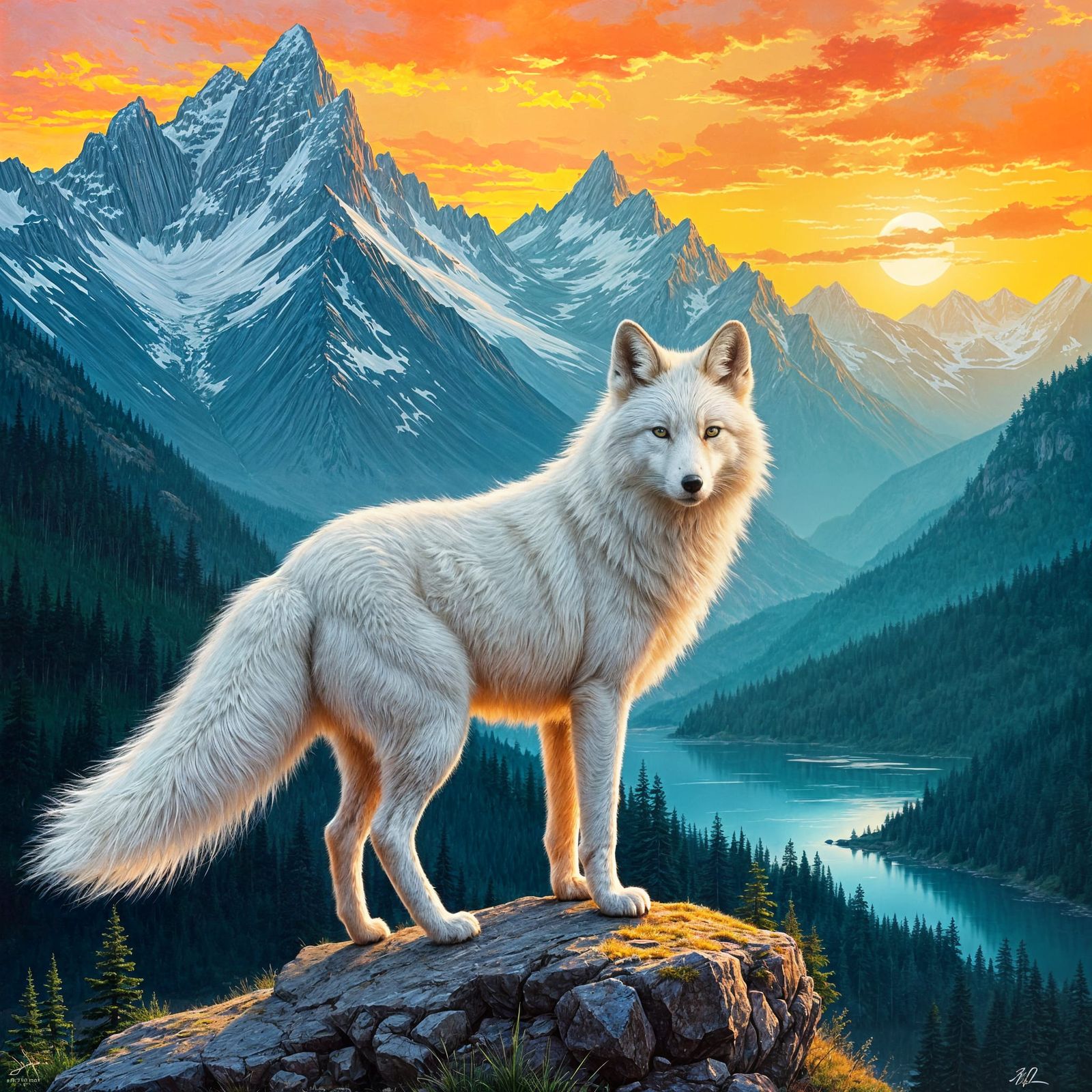 Stunning White Fox in Vibrant Mountain Masterpiece