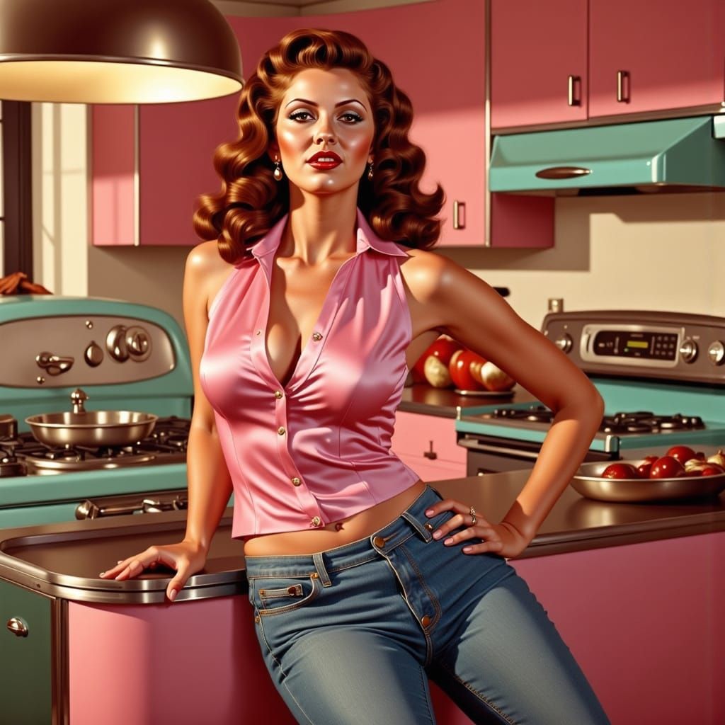 Slender Woman in Retro Kitchen: Film Noir Style