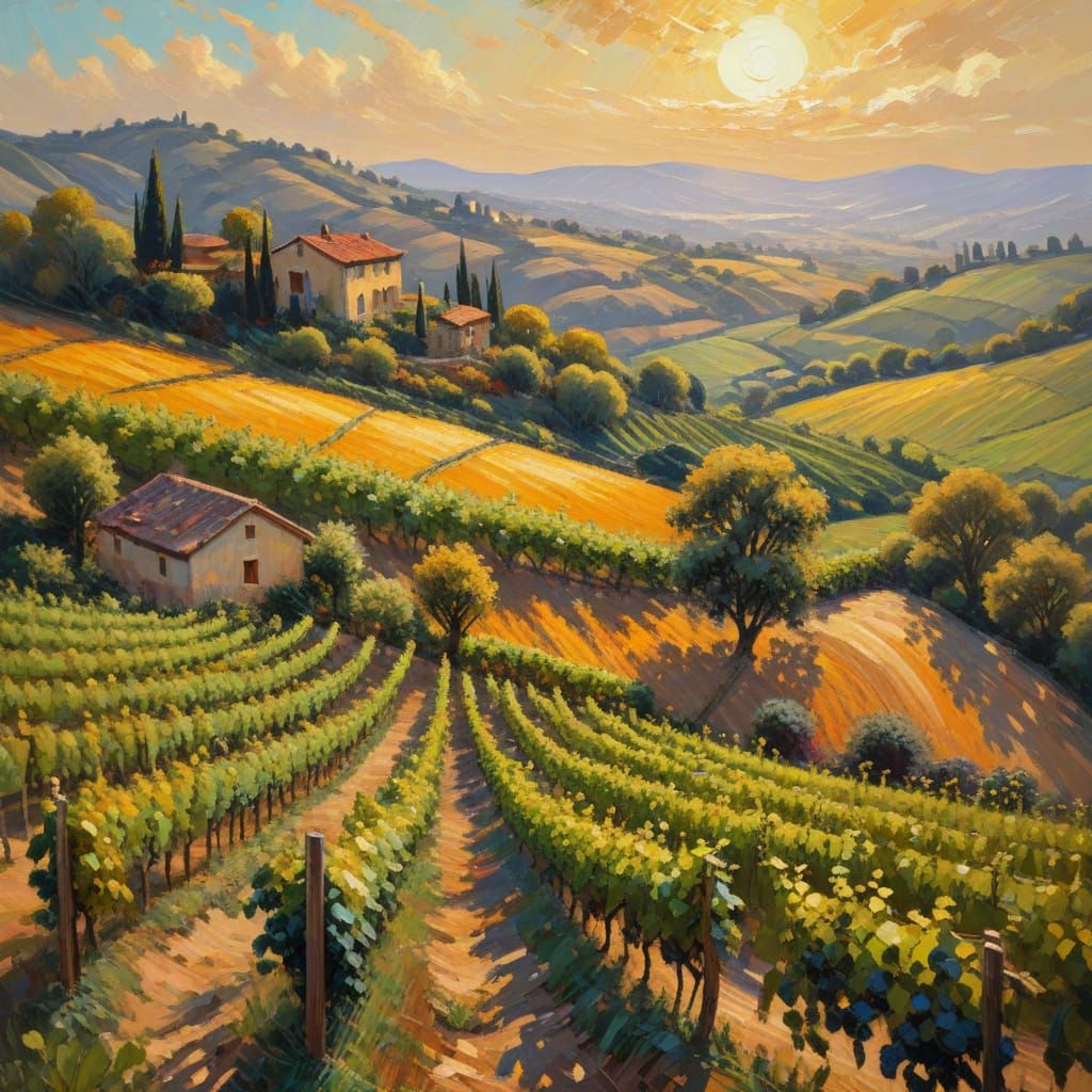Idyllic Countryside Landscape with Grapevines in Warm Golden...