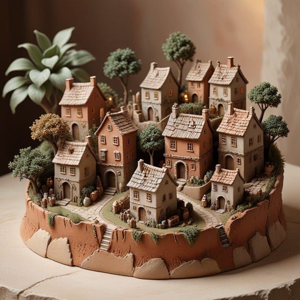 Miniature Clay Village Sculpture in Earth Tones