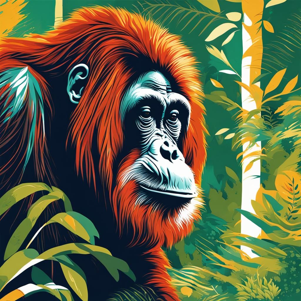Abstract Orangutan Portrait in Colorful Forest