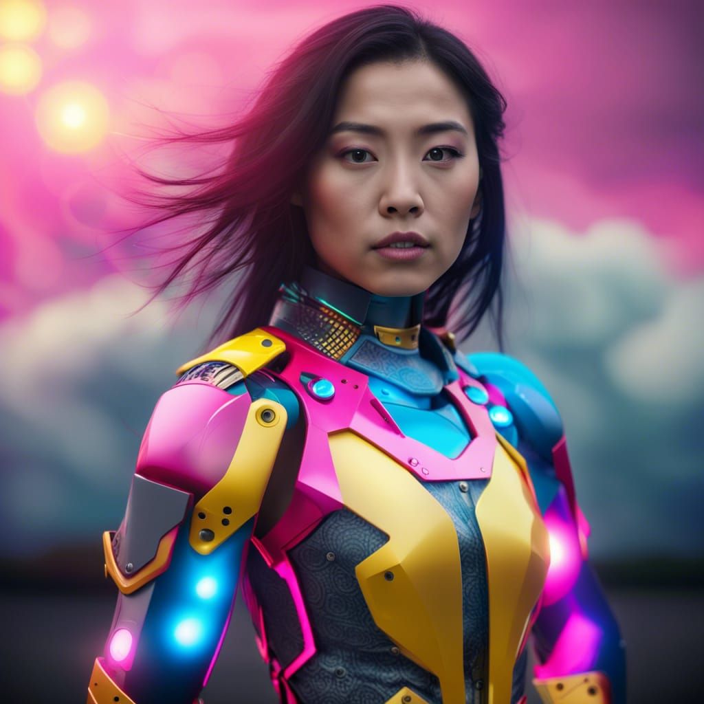 Asian Woman in Robotic Armor with Bokeh Lighting