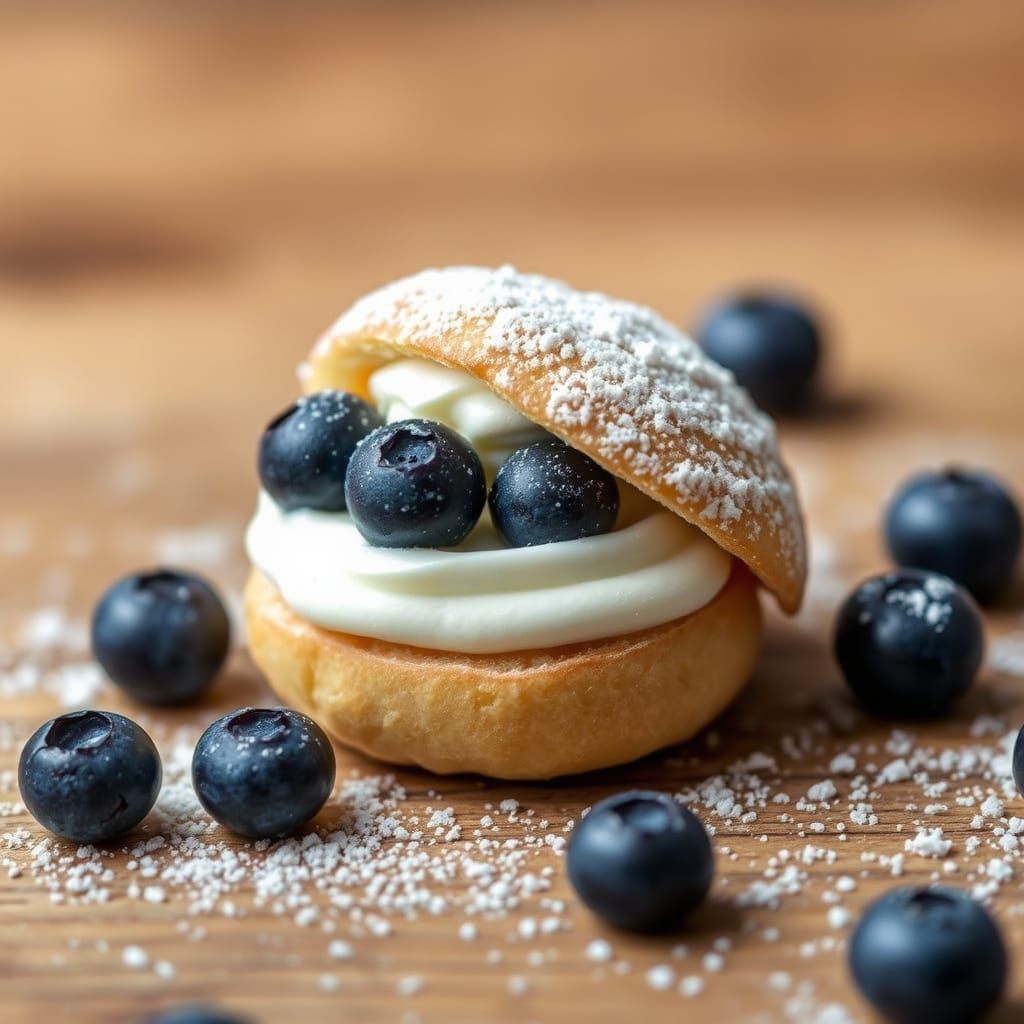 Whimsical Petit Chou Filled with Fresh Blueberries on Wooden...
