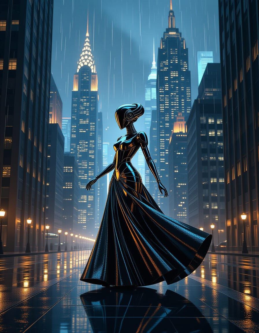 Elegant Automaton in Art Deco Cityscape