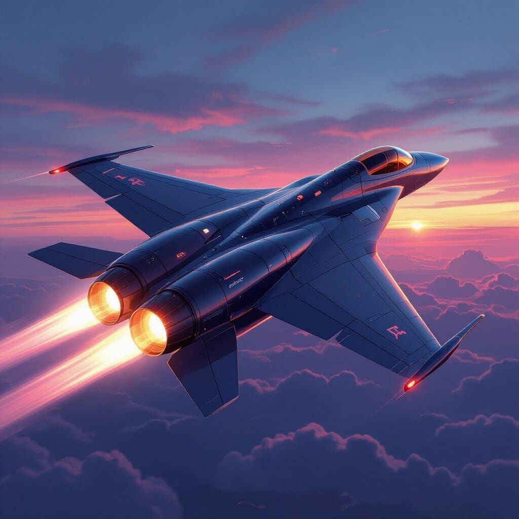 Futuristic Jet Soaring Through Twilight Sky in Sci-Fi Style