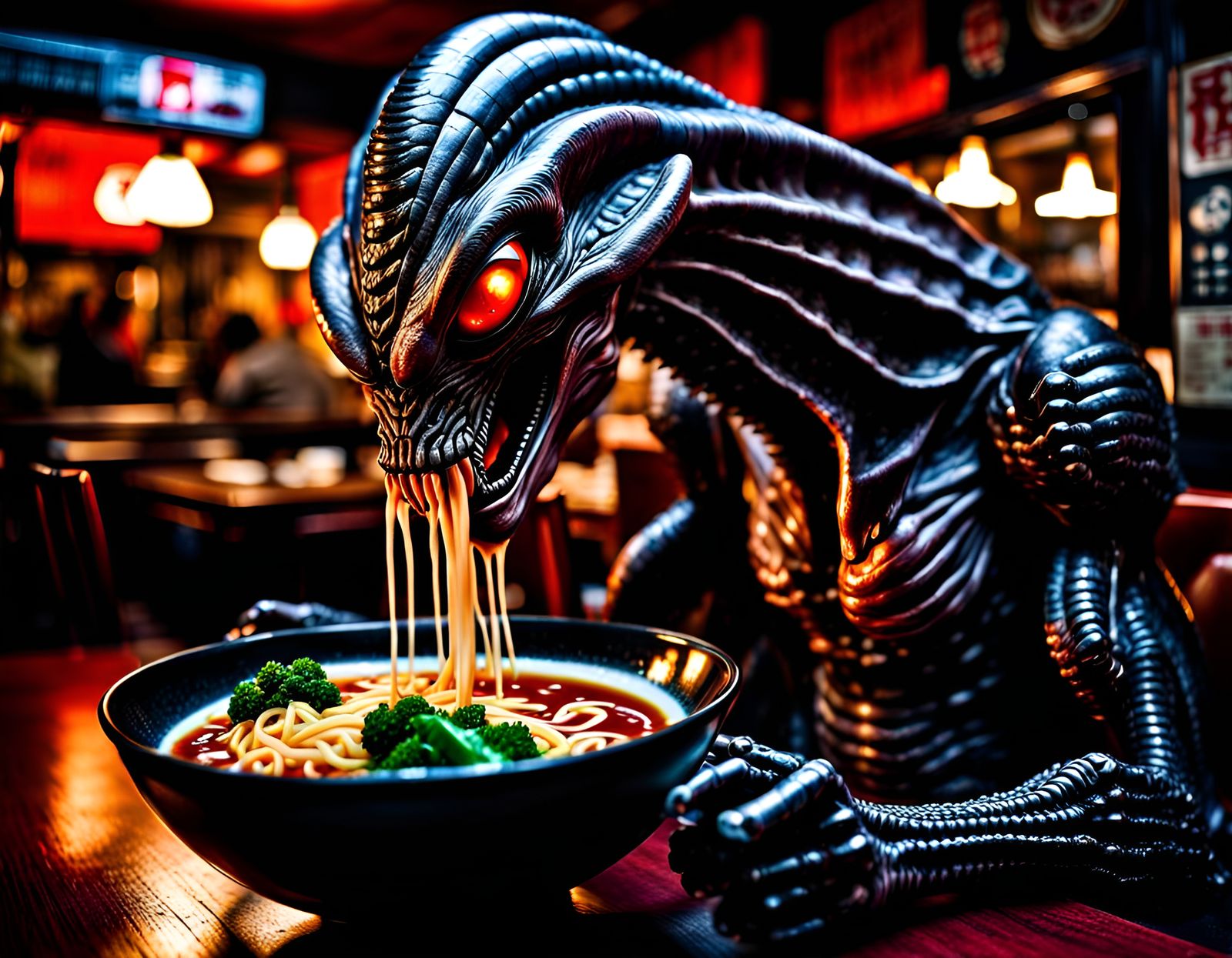 Hyperrealistic Alien Eats Ramen in Japan