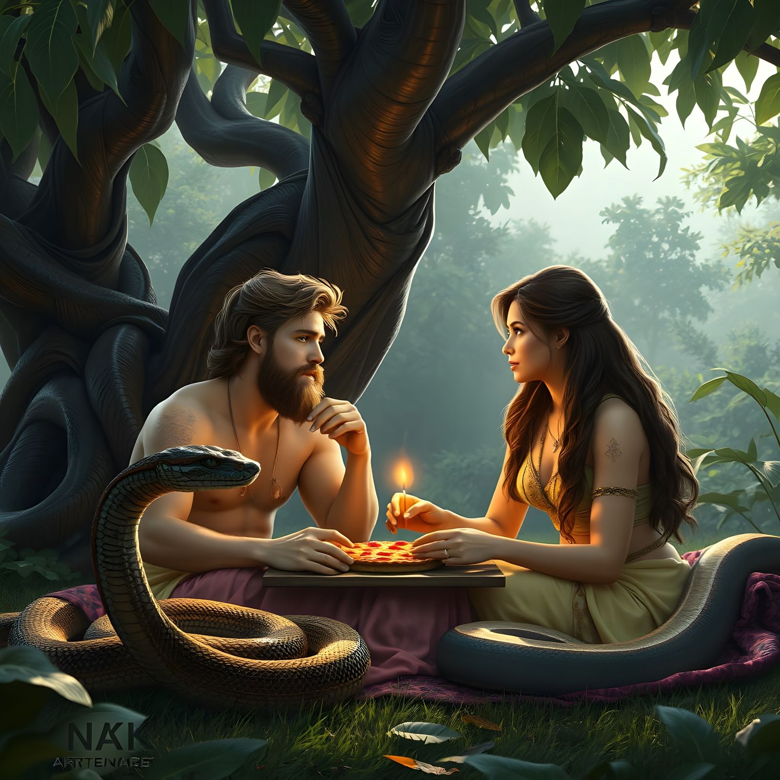 Ethereal Fantasy Scene Under a Majestic Banyan Tree