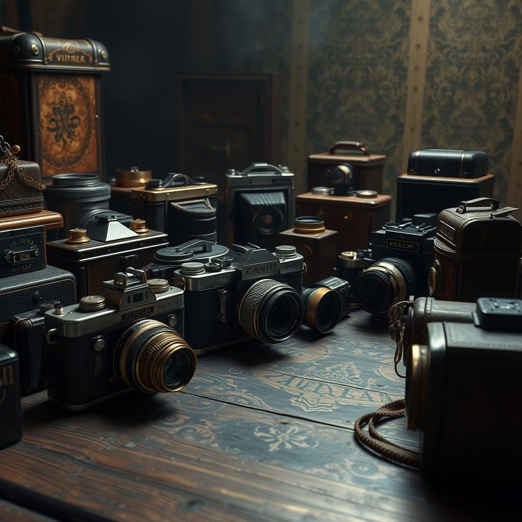 Vintage Camera Collection in Digital Matte Painting Style