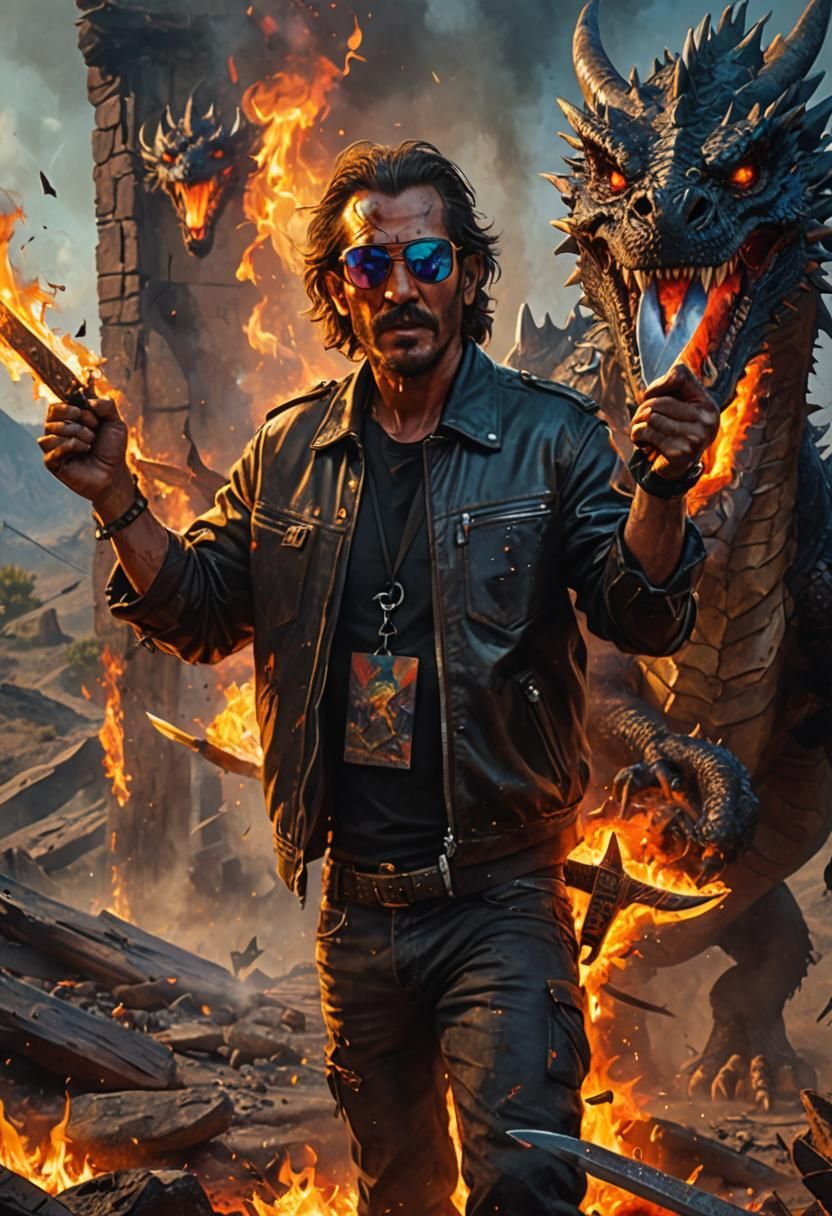 Machete Battles Dragon in Hyper-Realistic Digital Art