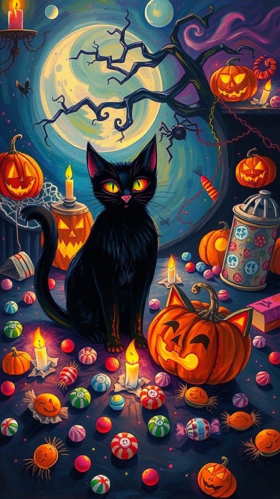 Surreal Halloween Cat in Whimsical Style