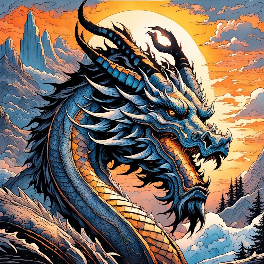 Sunset Dragon in Gouache Watercolor Style